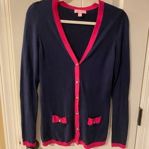 Lilly Pulitzer Navy and Pink Cardigan with Pearl Button detail